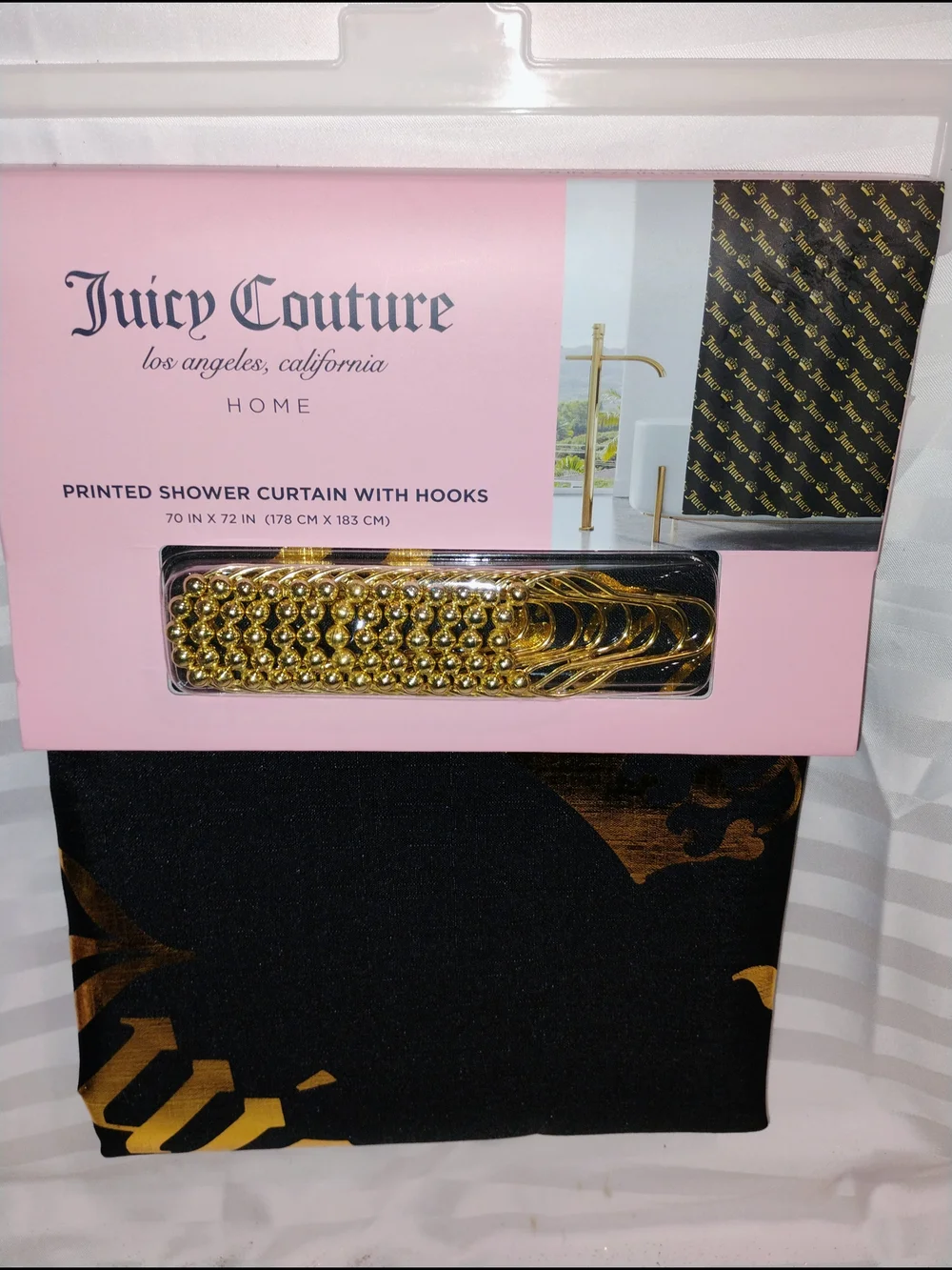 Juicy Couture Black and Gold Logo Shower Curtain